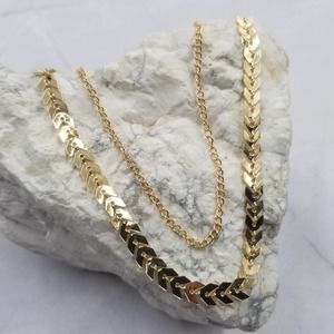 Double Layer Necklace Fish Bone and Chain Goldtone